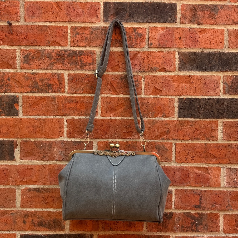 Kiss Lock Faux Suede Tote Purse - Picture 4 of 9